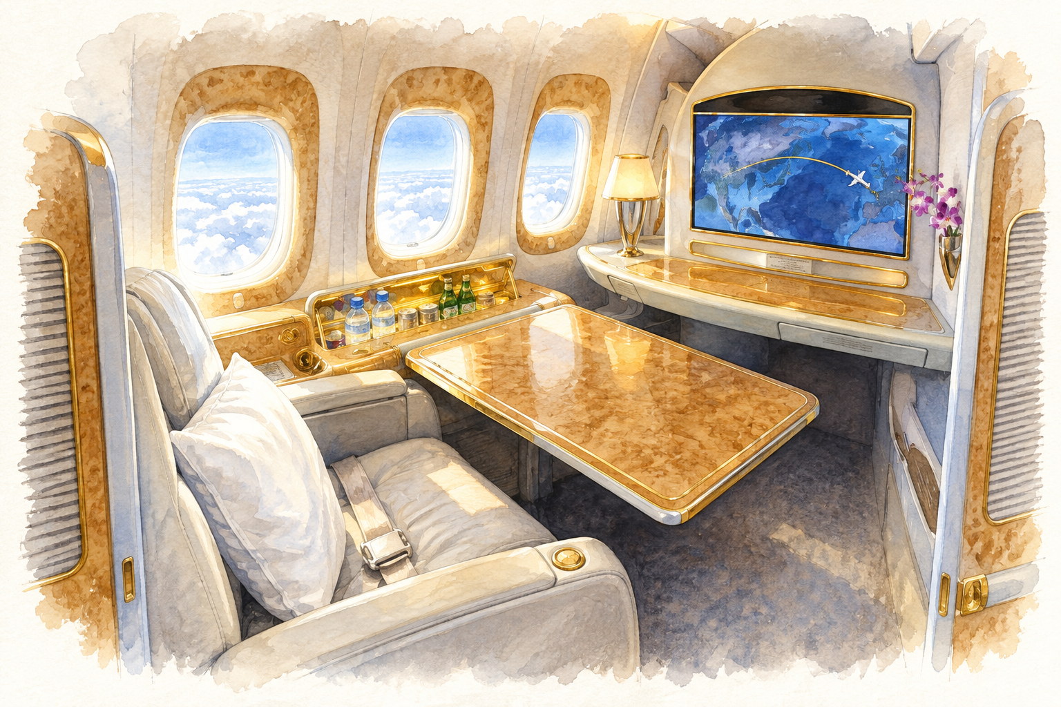 Watercolor of an empty first class suite: three windows over cloud, a table, a lamp, and a seatback screen showing a route drawn across a map.