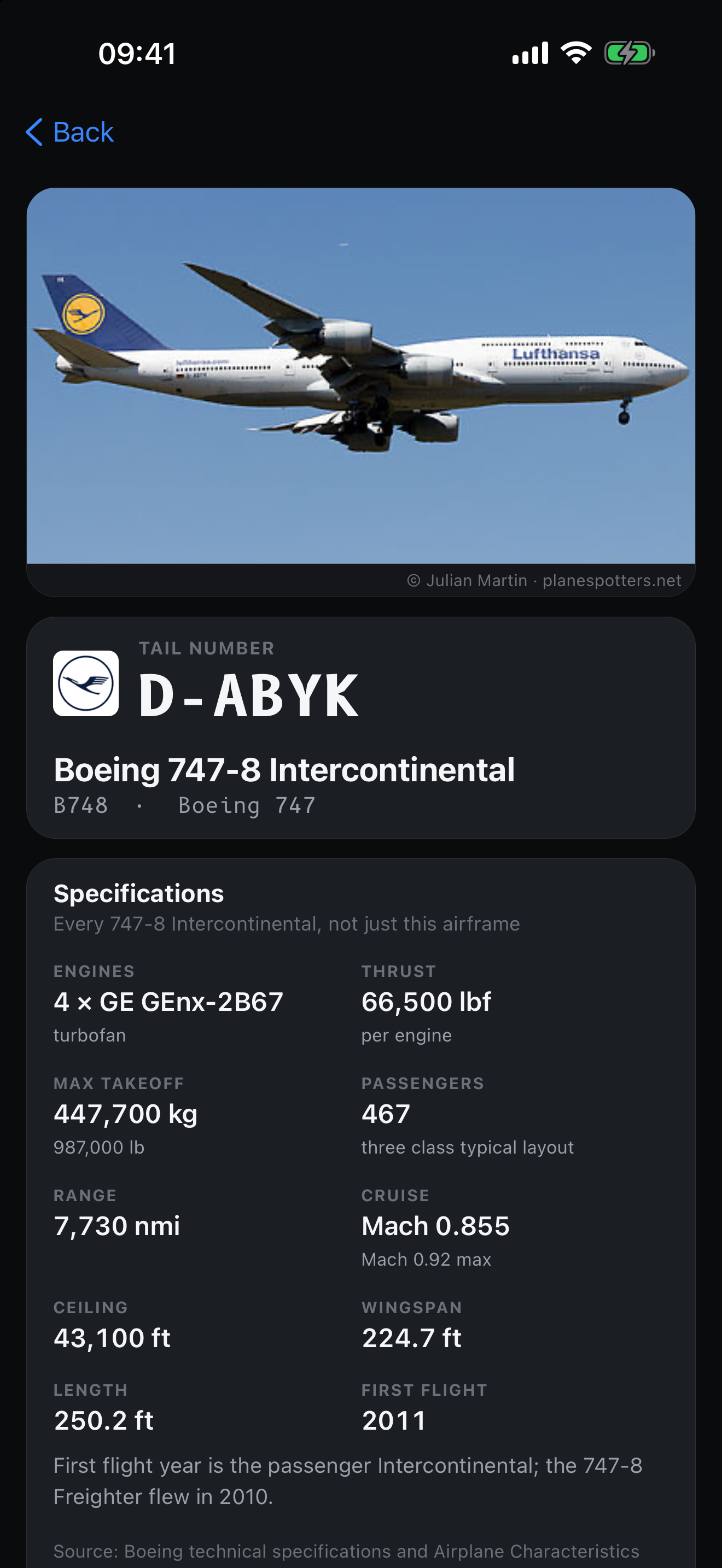 Lufthansa D-ABYK, a Boeing 747-8 Intercontinental, with an aircraft photograph, tail number and model specifications including engines, range and dimensions. Captured example in night mode.