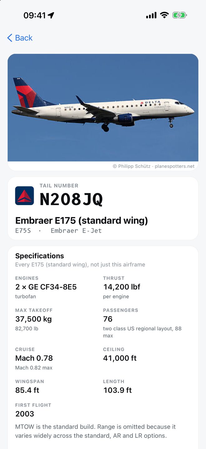 The page for N208JQ, whole: a photograph of that airframe, its build year, and the story of its type.