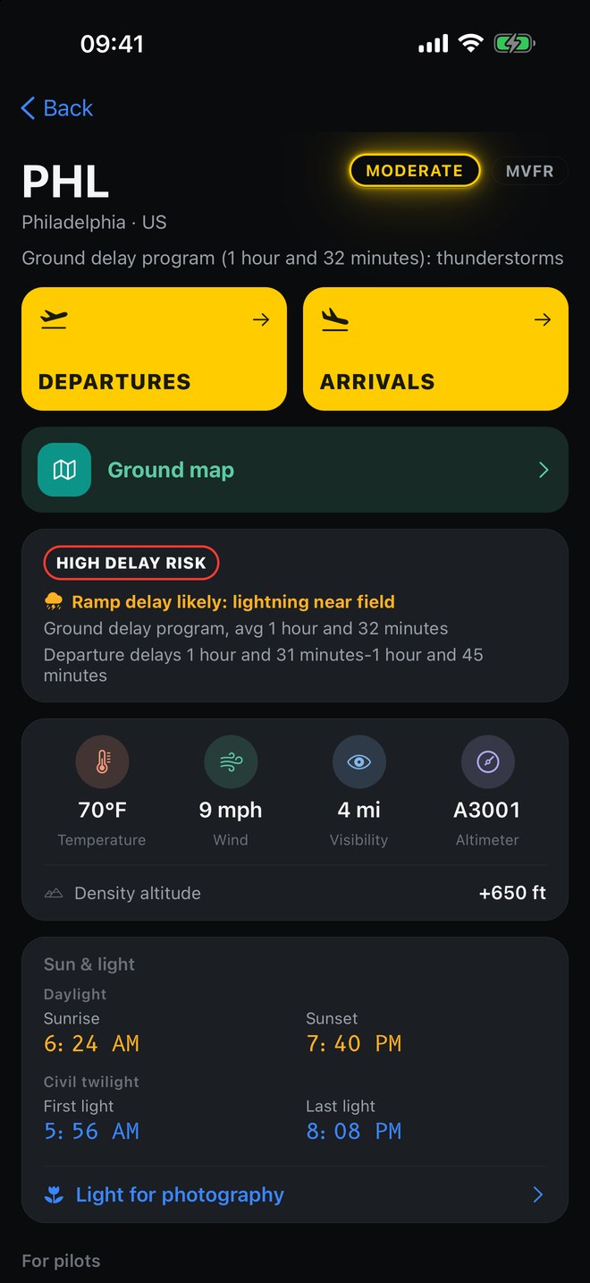 The airport page in the night theme.