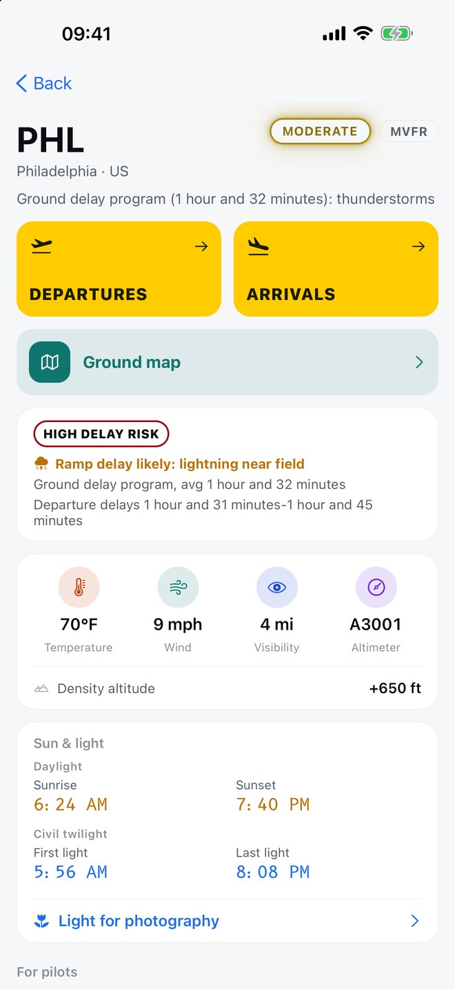An airport page: the field, departures and arrivals, delay reading, weather and the sun times.