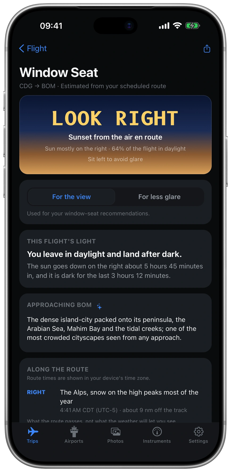 Scheduled-route window-seat guidance for CDG to BOM: look right for sunset, sit left for less glare, daylight and darkness along the flight, and views approaching Mumbai. Captured example in night mode.