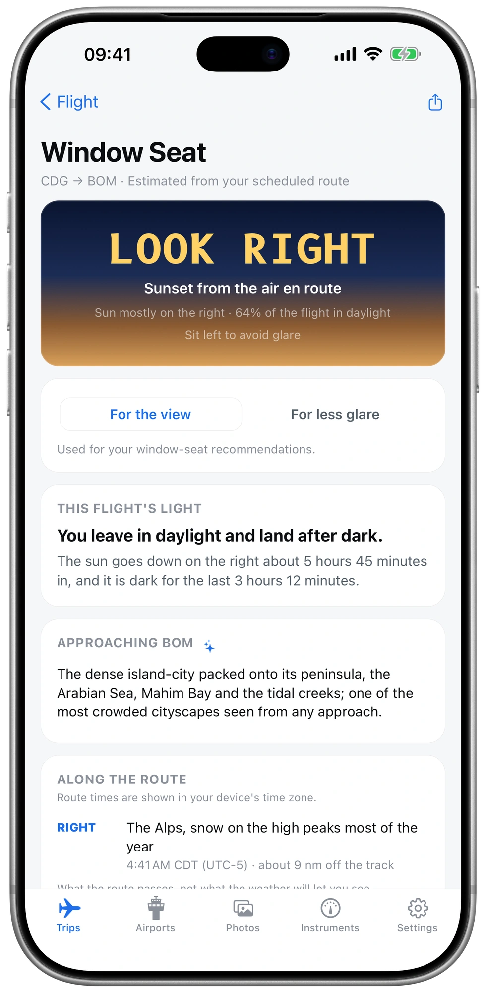 Scheduled-route window-seat guidance for CDG to BOM: look right for sunset, sit left for less glare, daylight and darkness along the flight, and views approaching Mumbai. Captured example in day mode.
