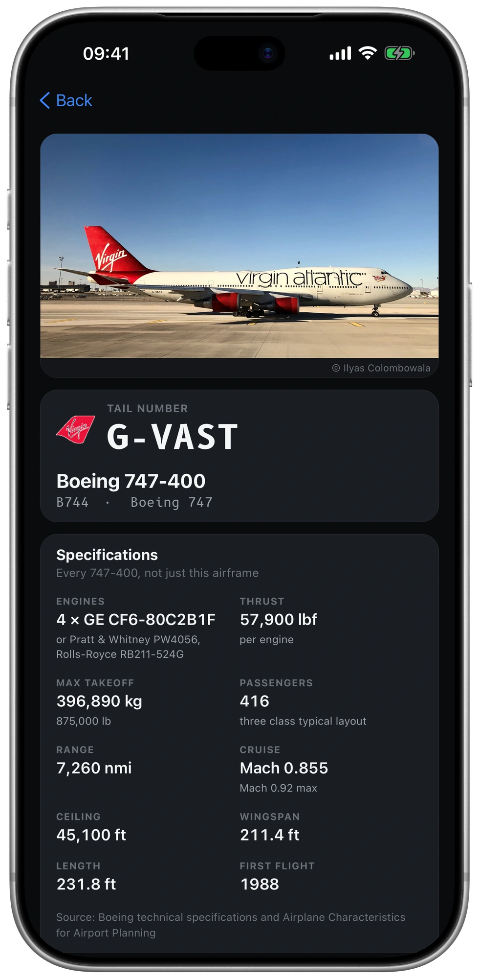 Virgin Atlantic G-VAST, a Boeing 747-400, with a photograph by Ilyas Colombowala, tail number and model specifications. Captured example in night mode.