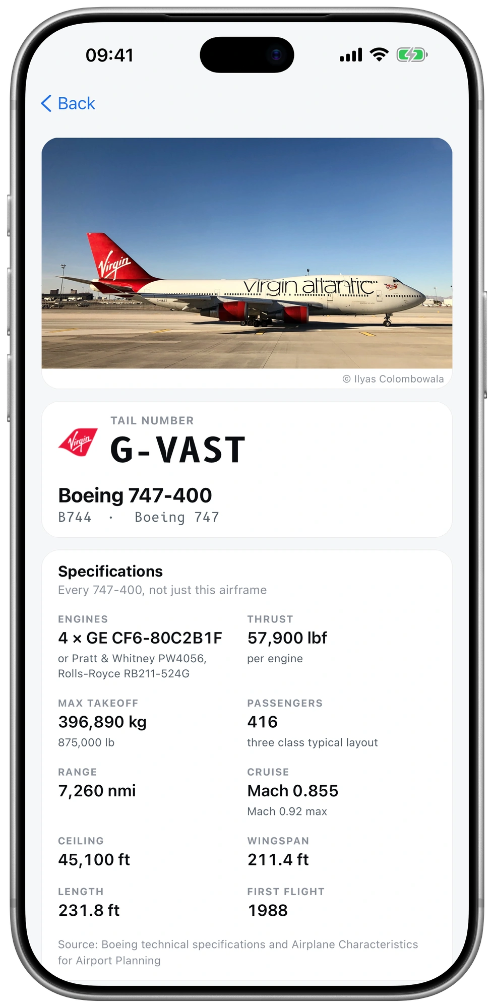 Virgin Atlantic G-VAST, a Boeing 747-400, with a photograph by Ilyas Colombowala, tail number and model specifications. Captured example in day mode.