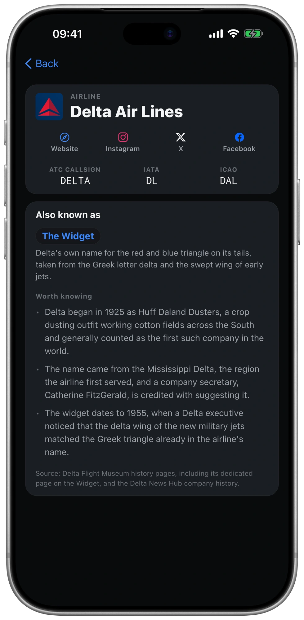 The airline page in the night theme.