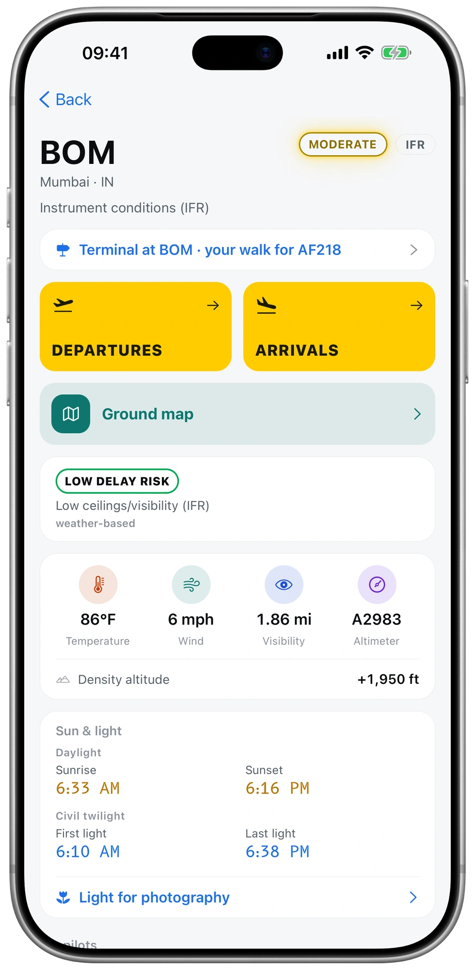 Mumbai BOM airport information with terminal guidance, ground map, weather conditions, delay risk and sunlight times.