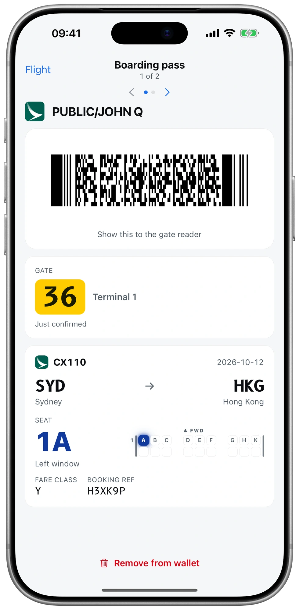 A sample boarding pass for CX110, Sydney to Hong Kong: barcode, gate 36 in Terminal 1 and seat 1A on a cabin map.