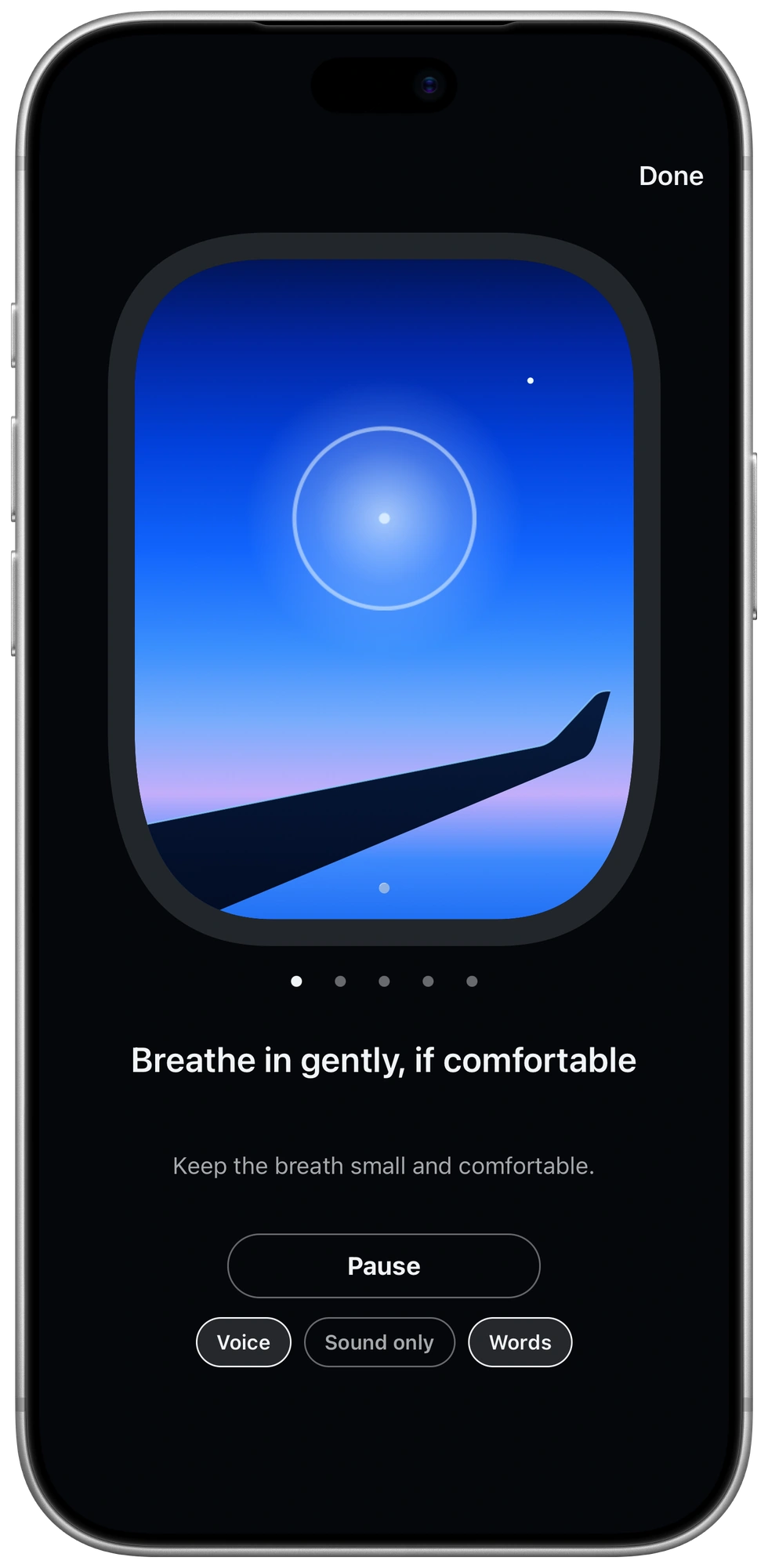 The Calm kit breathing exercise: a blue-hour aircraft window with a breathing glow, the instruction ‘Breathe in gently, if comfortable,’ and Voice, Sound only and Words controls.