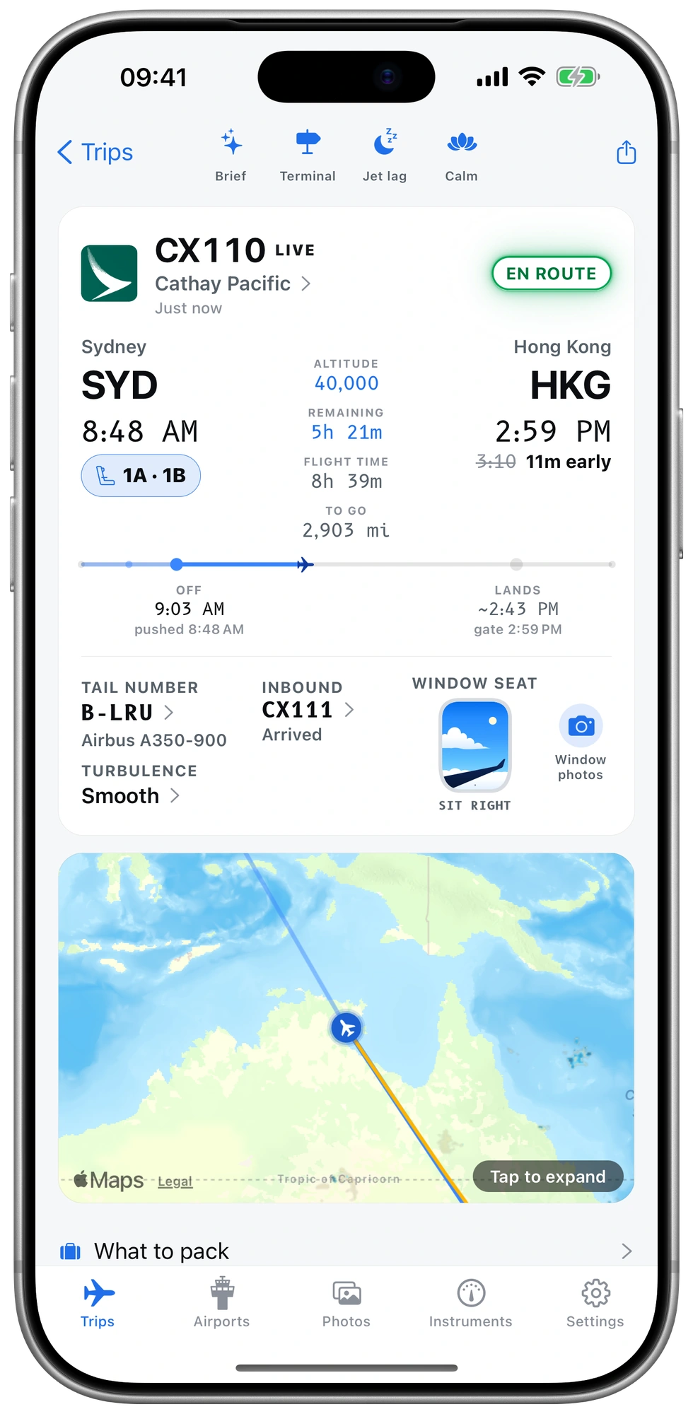 Cathay Pacific CX110 from Sydney to Hong Kong, showing flight progress, arrival estimate, altitude, window-seat advice and a route map.