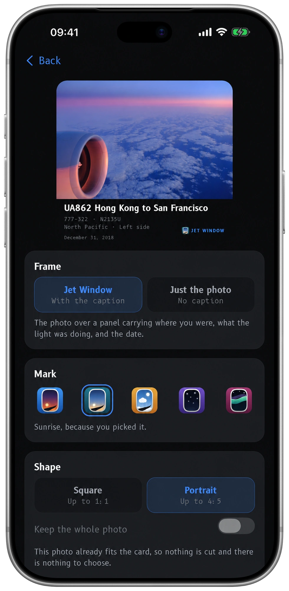 Photo-mode example with added flight details: UA862, HKG to SFO, Boeing 777-322, N2135U, North Pacific, left side. Frame, mark and shape controls in night mode.