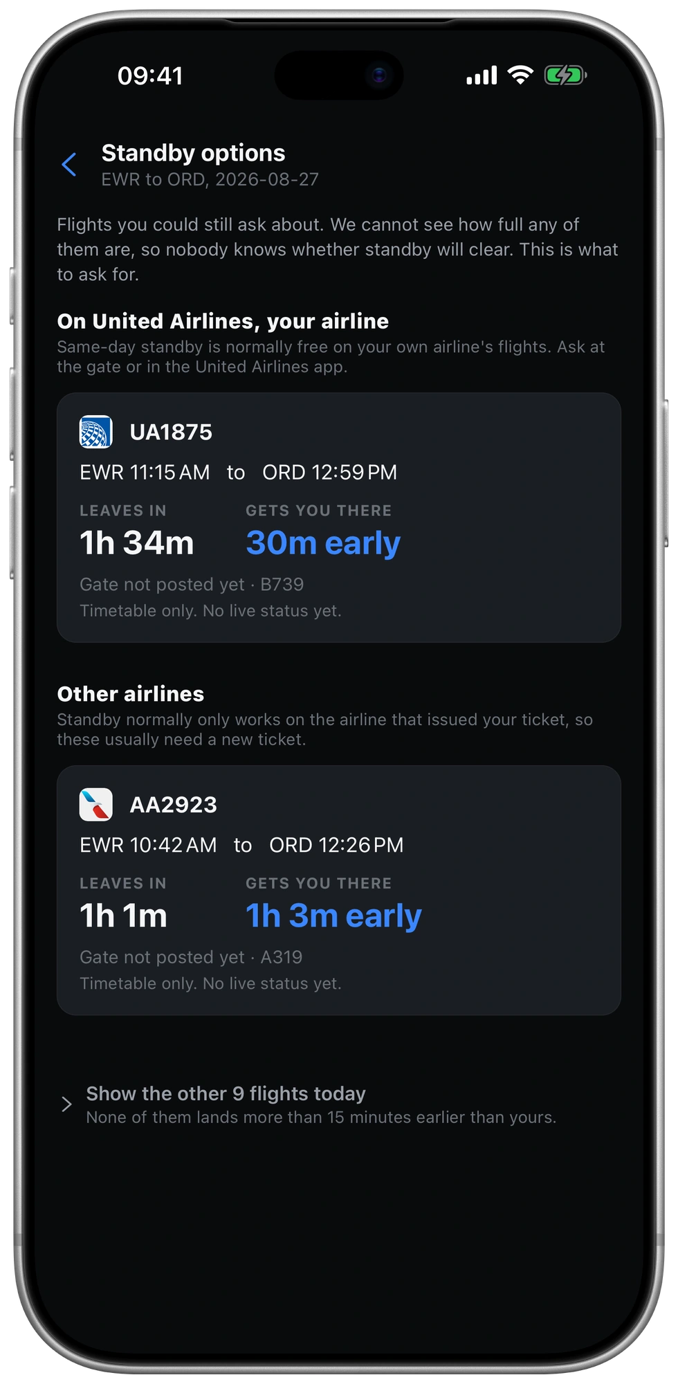 Standby options in the night theme.