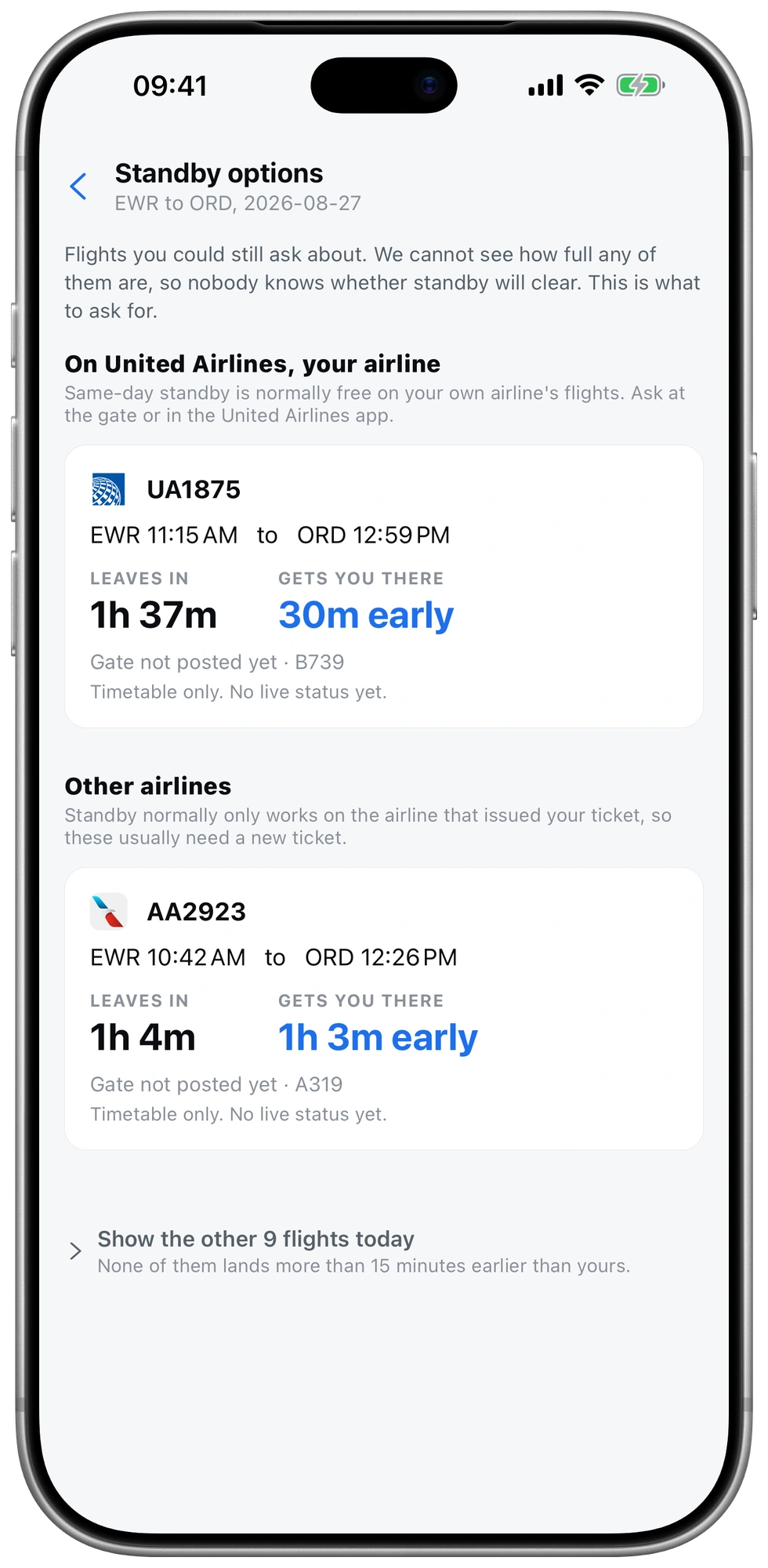 Standby options: the flights still catchable, and the sentence to say at the desk.