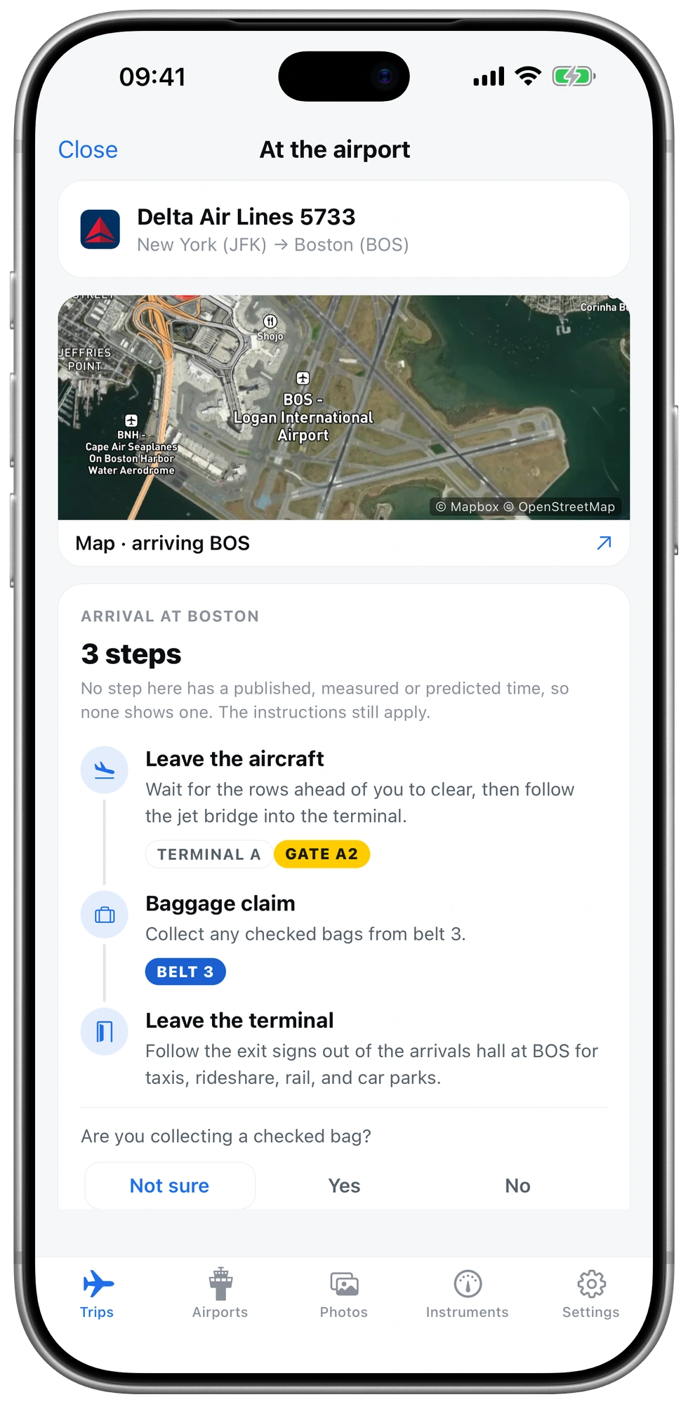 The arrival walkthrough for Boston, whole: the airfield, then leave the aircraft, baggage claim belt 3, leave the terminal.