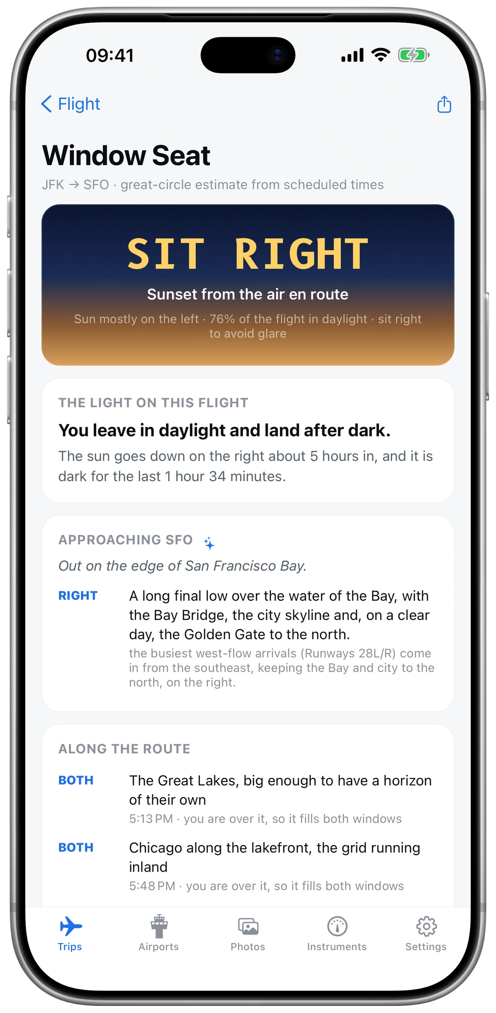 Sunset window-seat guidance for JFK to SFO: the side to watch, the transition from daylight to darkness, and views approaching San Francisco. Illustrative captured example based on scheduled times.