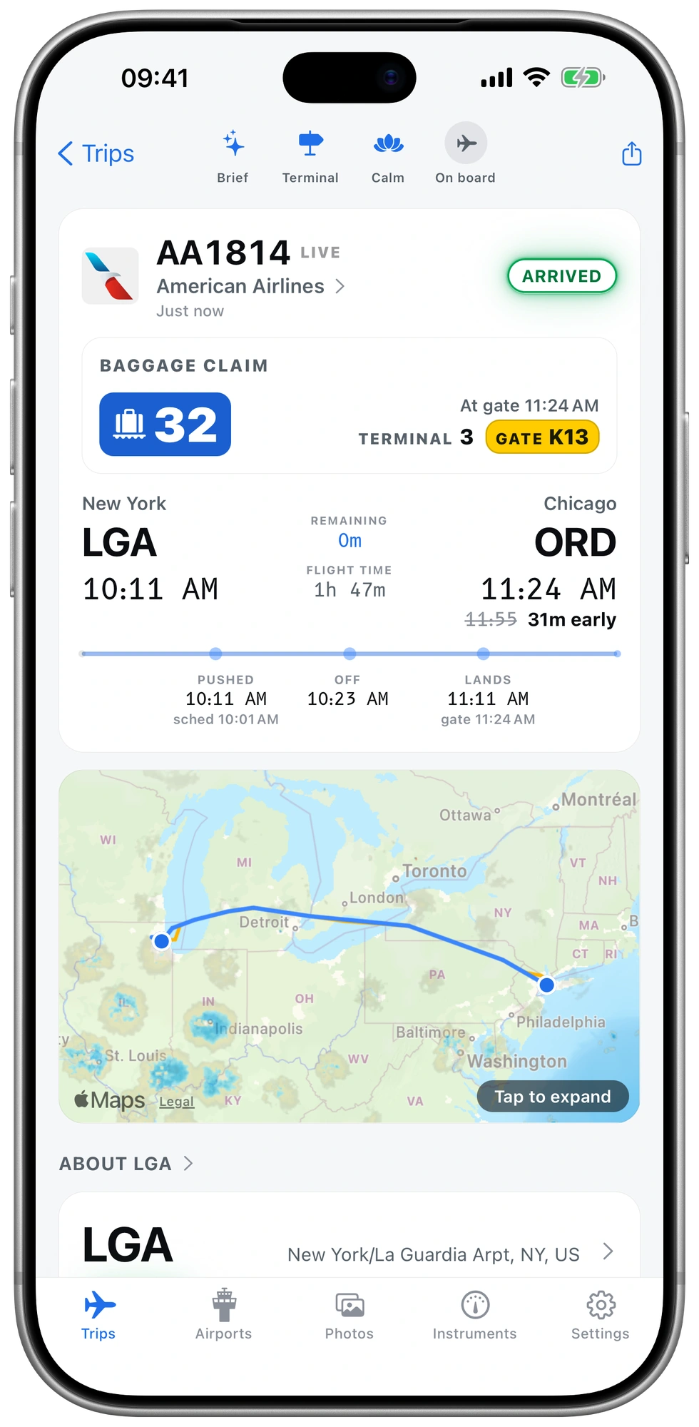 The whole flight after landing: the belt first, then the times, then the route flown.