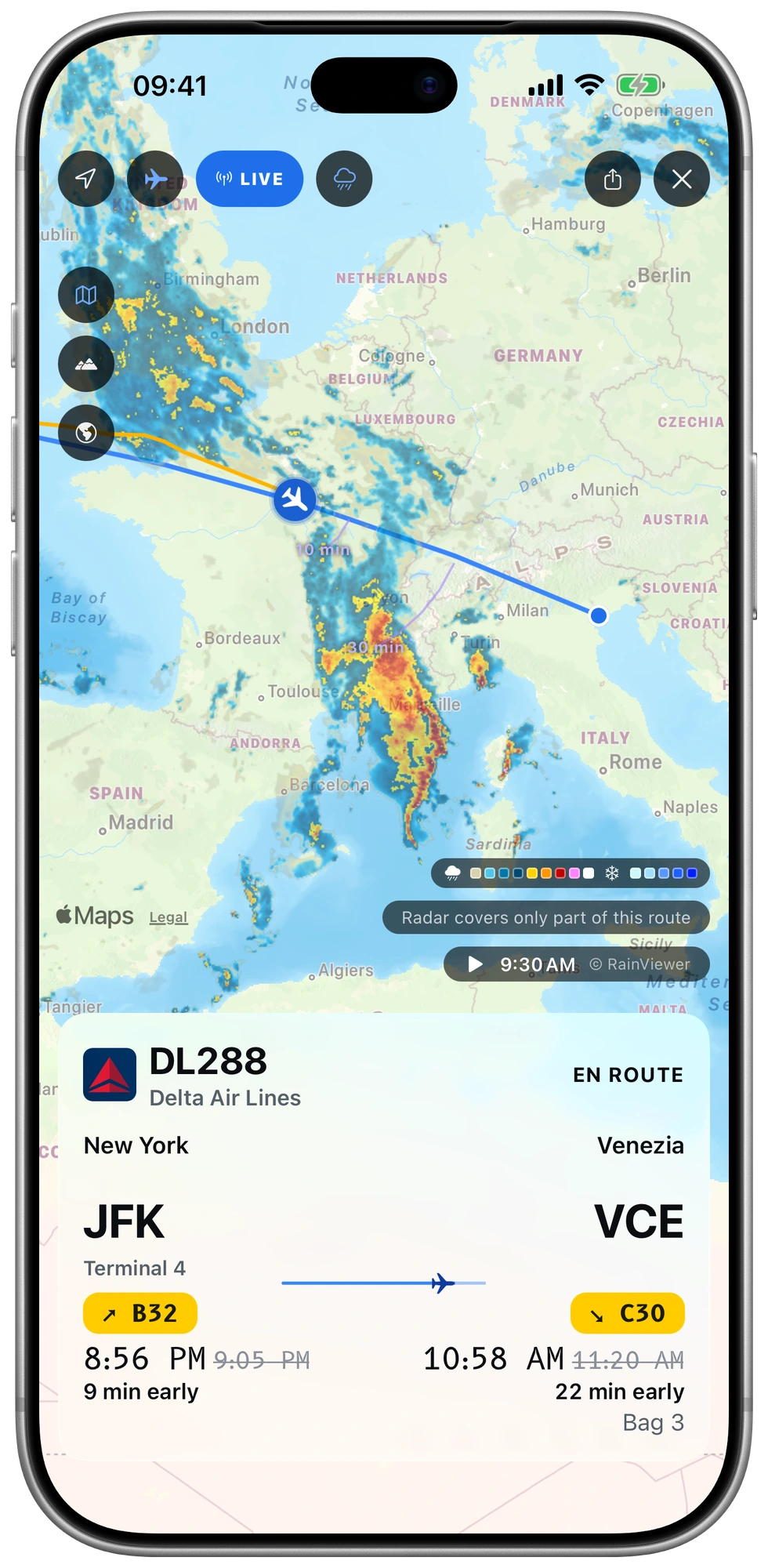 Delta DL288 from New York JFK to Venice on the expanded map, crossing France in the morning and due 22 minutes early: the track flown across the Atlantic, the route ahead over the Alps, and storms just south of it.