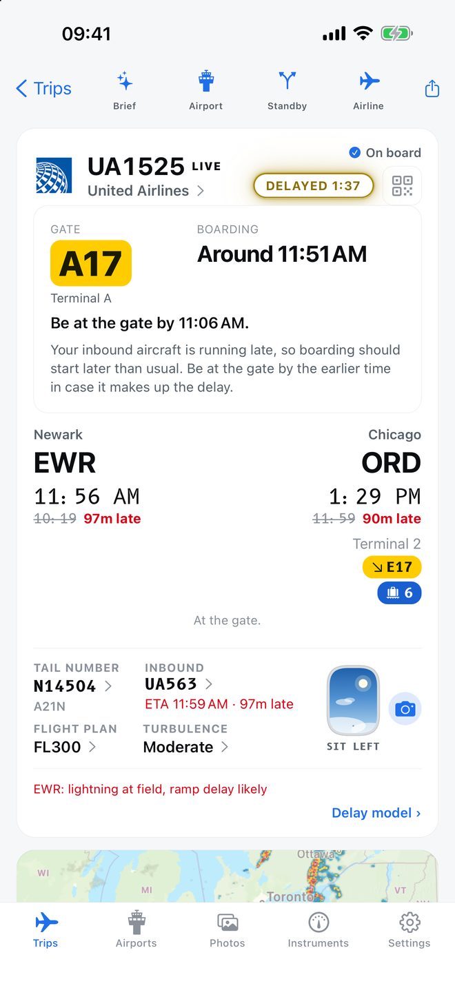 A delayed flight: the gate, the inbound airplane running late, and the line to be at the gate by the earlier time.