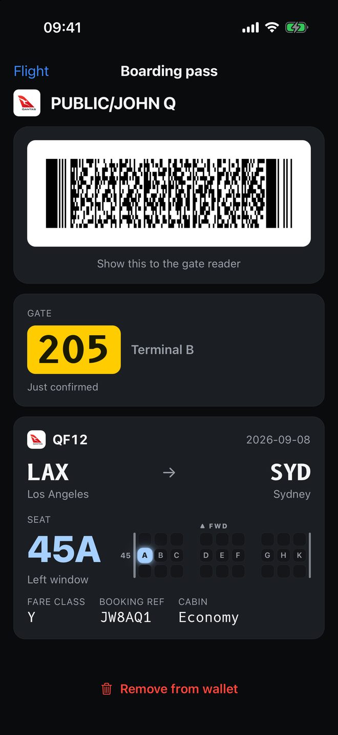The boarding pass in the night theme.