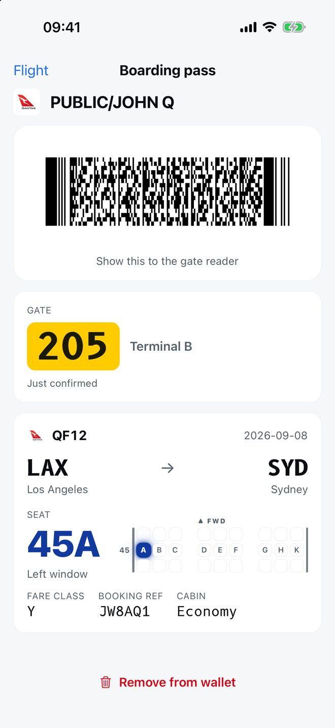 A saved boarding pass for QF12, Los Angeles to Sydney: the barcode, gate 205 in Terminal B, and seat 45A lit on a small cabin map.