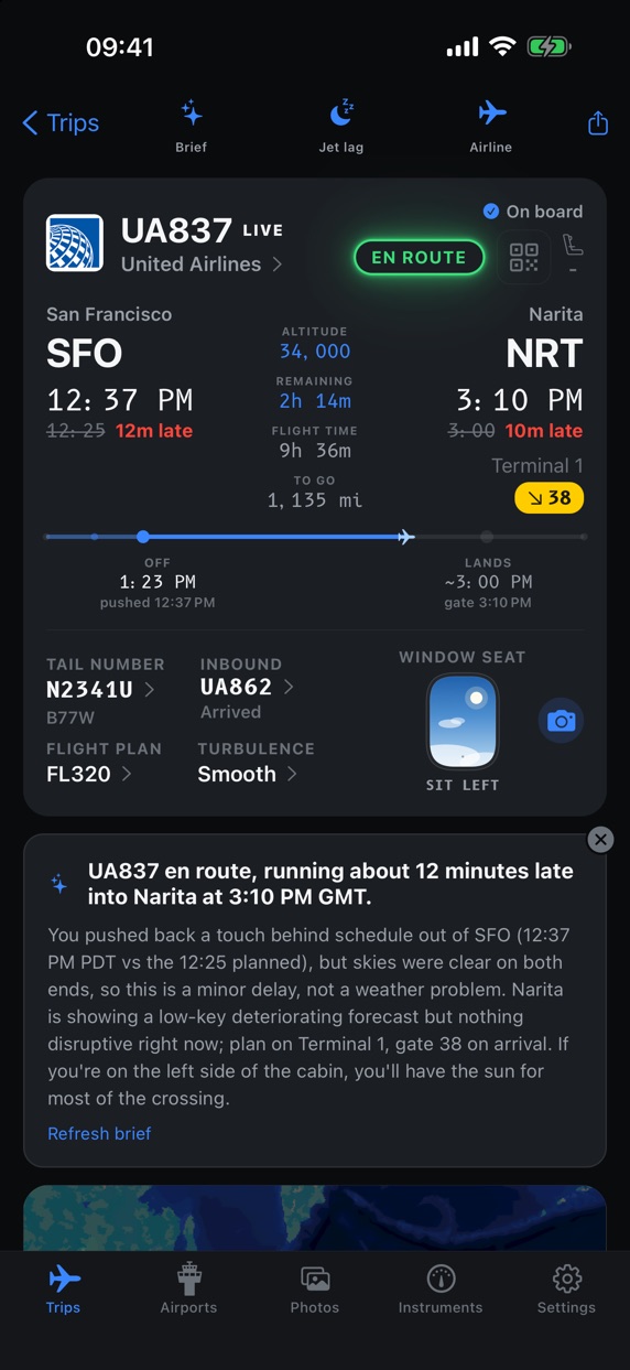 A brief explaining a twelve-minute delay, clear skies at both airports and the arrival terminal in Narita.