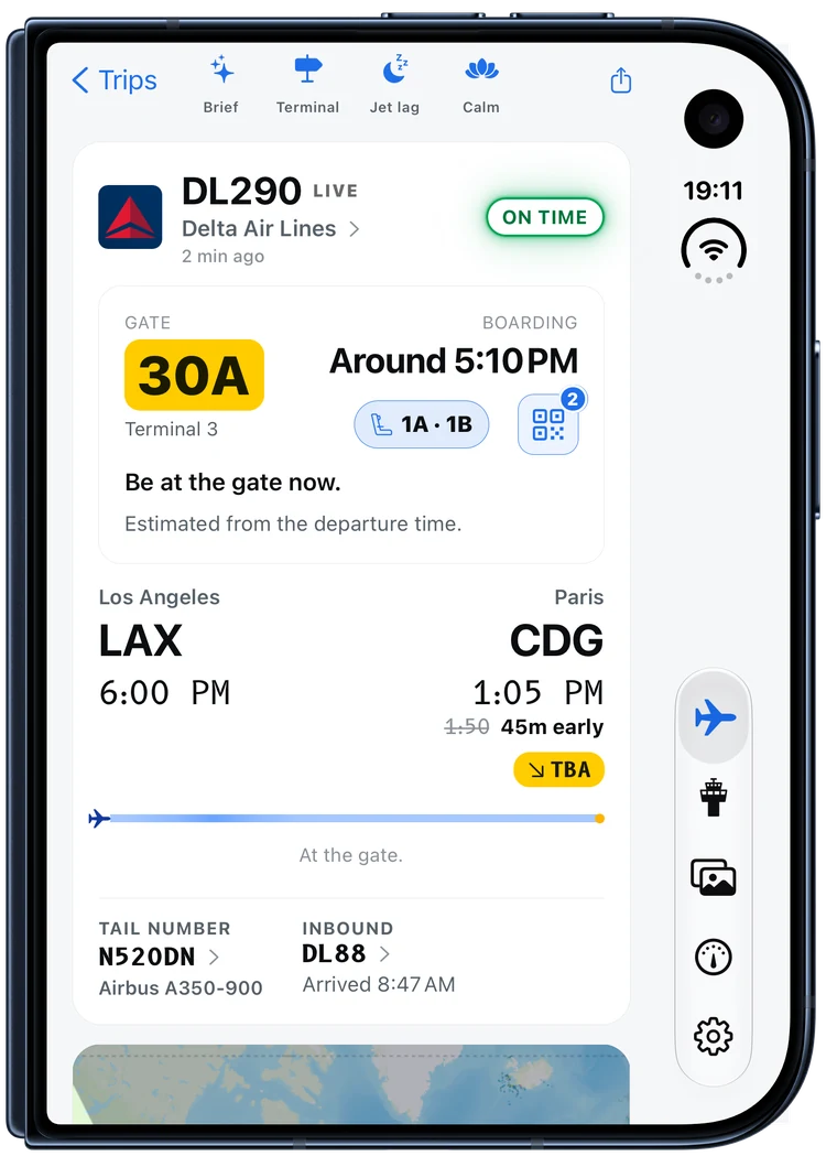 Delta DL290 from Los Angeles to Paris on the closed iPhone Duo's outer screen: on time at gate 30A, boarding around 5:10 PM, seats 1A and 1B with the boarding pass a tap away.
