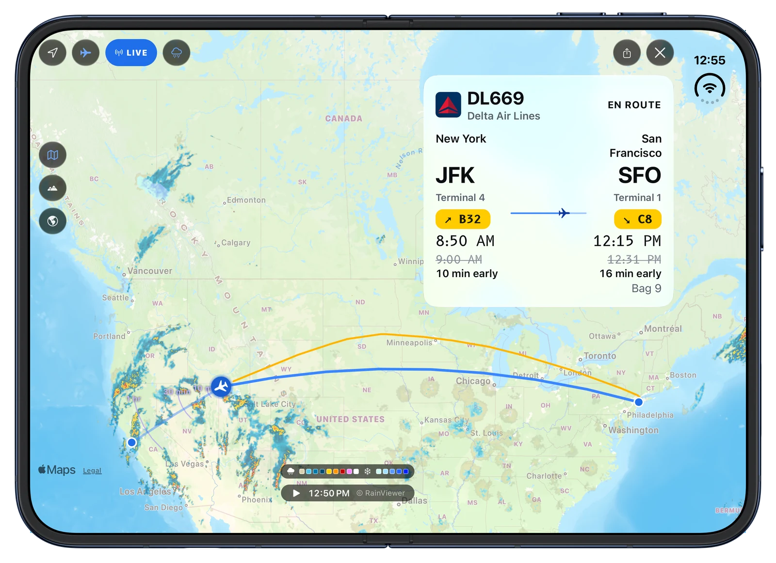 Delta DL669 from New York JFK to San Francisco on the open iPhone Duo: the full route across the map, with the flown track and weather radar.