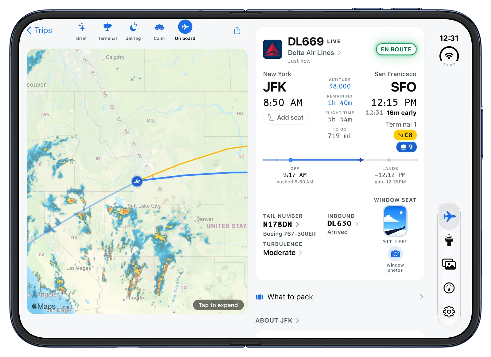 The DL669 flight screen on the open iPhone Duo: the map zoomed in on the aircraft over Utah, beside its gates, arrival time and window-seat advice.