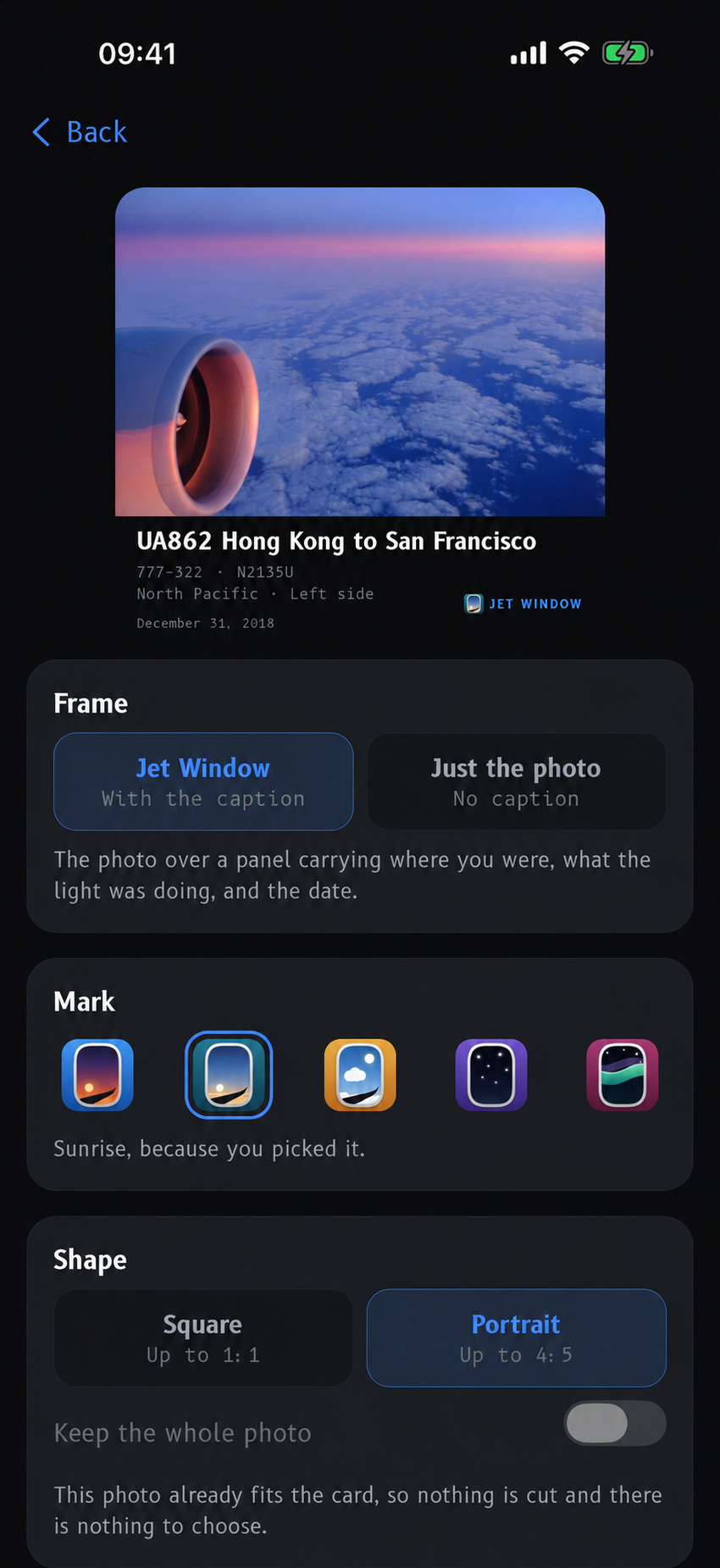 Photo-mode example with added flight details: UA862, HKG to SFO, Boeing 777-322, N2135U, North Pacific, left side. Frame, mark and shape controls in night mode.