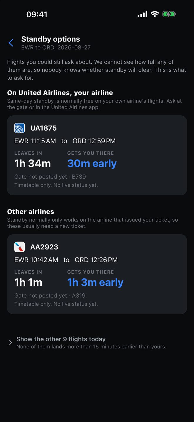 Standby options in the night theme.