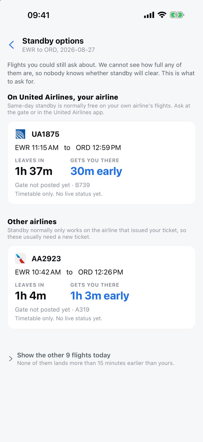 Standby options: the flights still catchable, and the sentence to say at the desk.