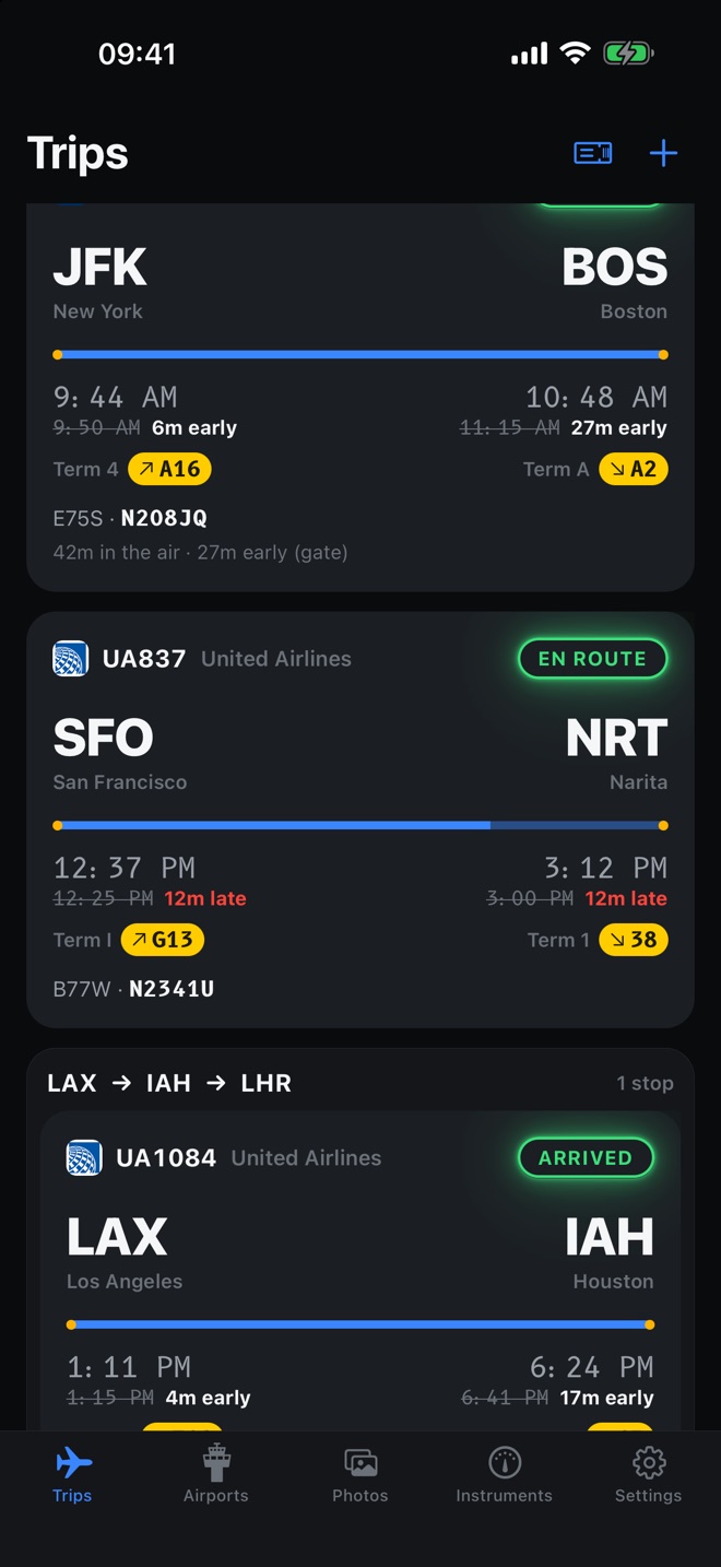 The trip list in the night theme.