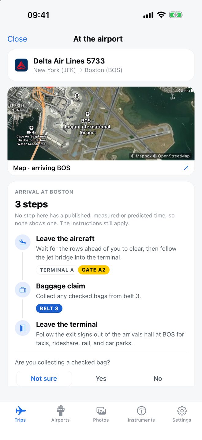 The arrival walkthrough for Boston, whole: the airfield, then leave the aircraft, baggage claim belt 3, leave the terminal.