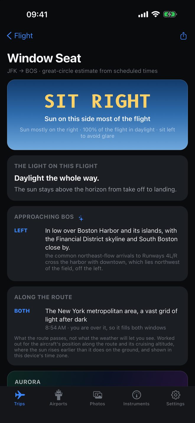The window seat page in the night theme.