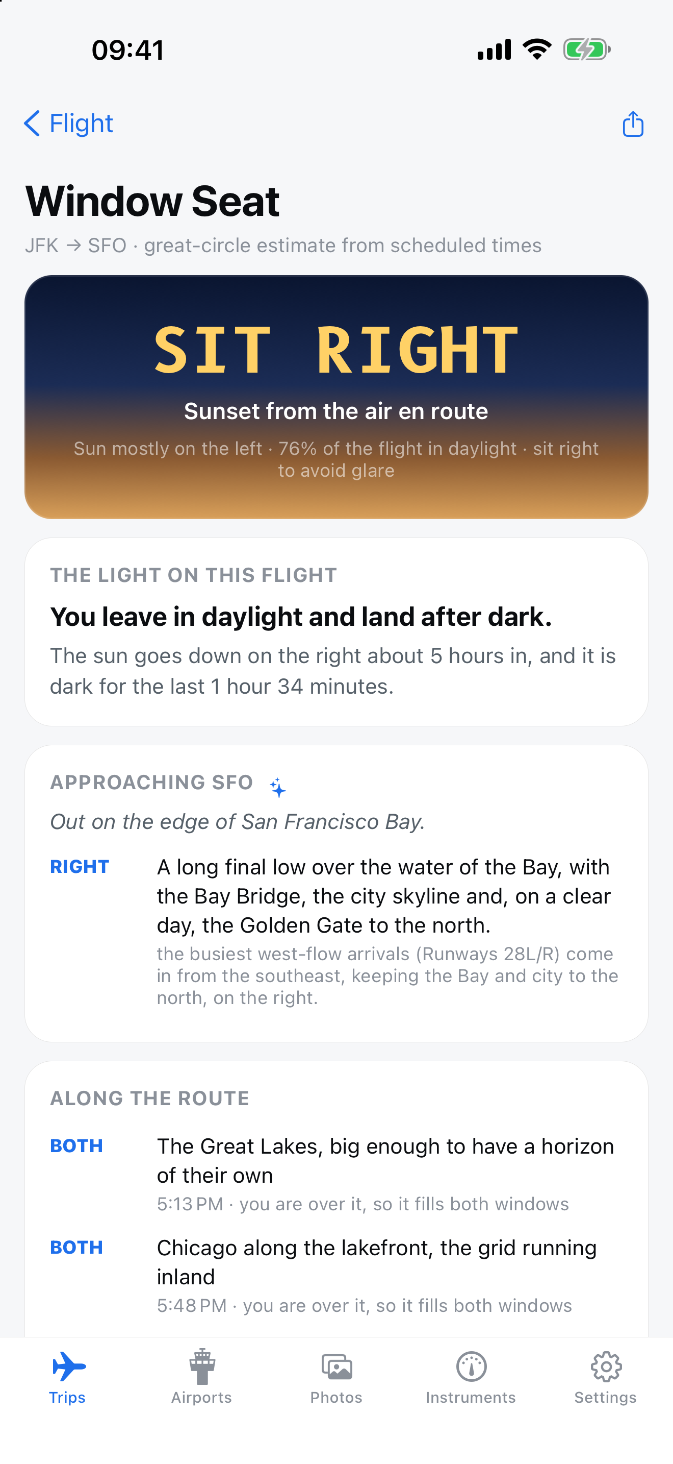 Sunset window-seat guidance for JFK to SFO: the side to watch, the transition from daylight to darkness, and views approaching San Francisco. Illustrative captured example based on scheduled times.